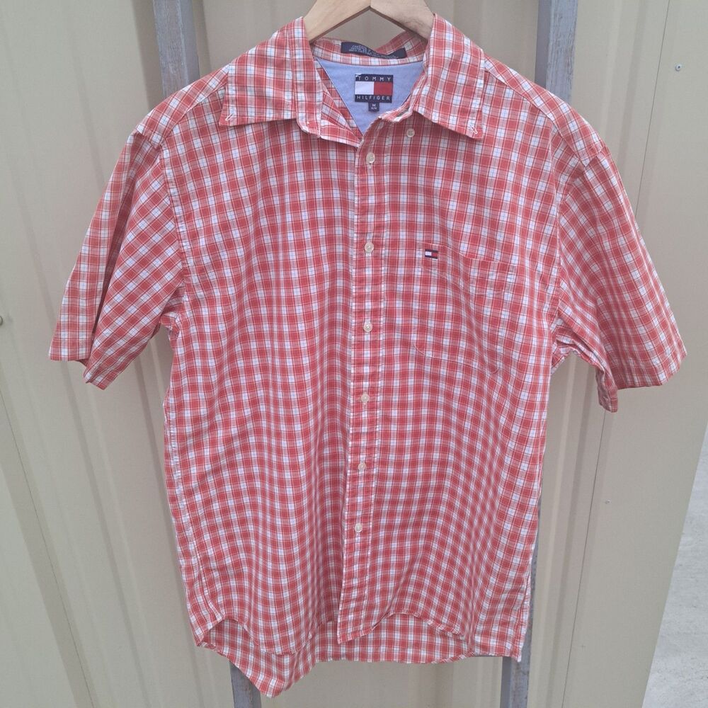 Vintage Tommy Hilfiger Button Up Shirt Mens Medium Red White Plaid Checkered Y2k
